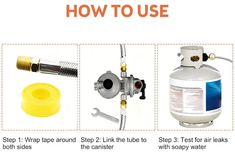 Three-step guide on using Stainless Steel Braided 18 Inch RV Propane Hose With Gauge Pack Of Two for camper and grill connection.