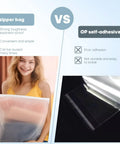 Comparison of PE zipper bag vs OP self-adhesive bag, showcasing the 100 Pack Frosted Plastic Clothing Bags With Zipper Closure 10x13 Inches Durable Matte Finish For Shipping And Travel Storage Ideal For Shirts Socks Underwear And Documents No Vent Holes
