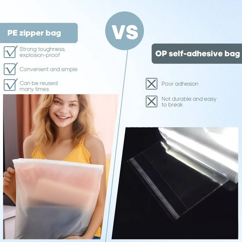 Comparison of PE zipper bag vs OP self-adhesive bag, showcasing the 100 Pack Frosted Plastic Clothing Bags With Zipper Closure 10x13 Inches Durable Matte Finish For Shipping And Travel Storage Ideal For Shirts Socks Underwear And Documents No Vent Holes