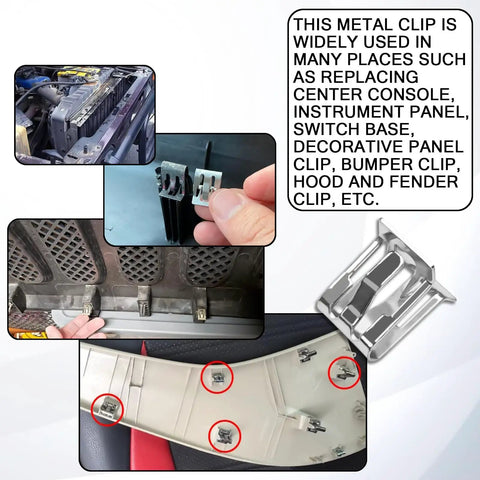 Image showing Boss Level 15 Piece U Shaped Steel Dash Console Trim Retainer Clips installed in various vehicle components.