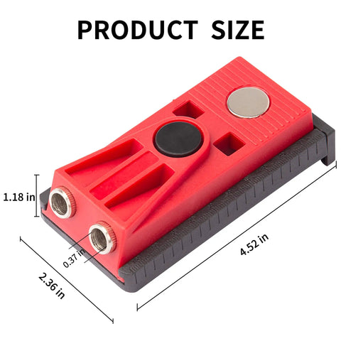 Pocket Hole Jig Set With Two Hole Jig Step Drill Bit Stop Collar Square Drive Bit Hex Key Adjustable And Hands On Easy To Use Joinery Kit For DIY Woodworking Projects Featuring Built In Metric Scale And Magnetic Base For Precise Drilling with dimensions.