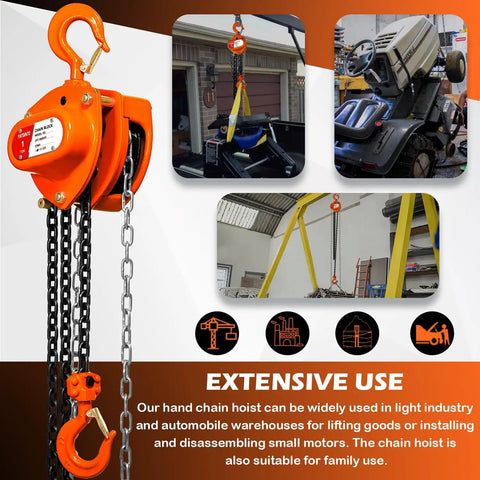 1 Ton Chain Hoist Manual Hand Lift 10 Ft Lift Steel Chain Block Hoist with 6mm chain shown lifting machinery in garage