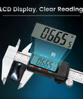 Go-To 6 Inch Digital Caliper With Large LCD Screen And Millimeter Readouts, stainless steel close-up showing 0.6655 inch reading.