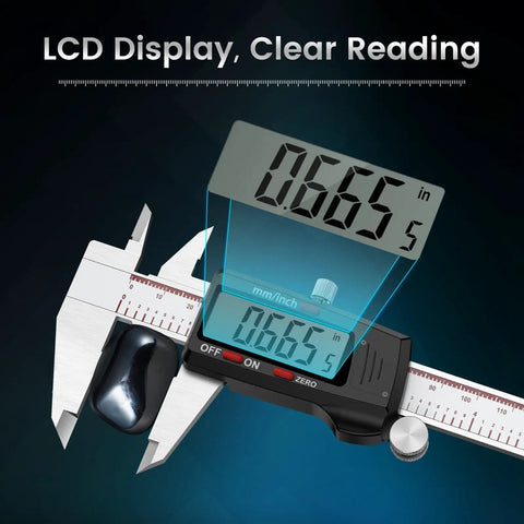 Go-To 6 Inch Digital Caliper With Large LCD Screen And Millimeter Readouts, stainless steel close-up showing 0.6655 inch reading.
