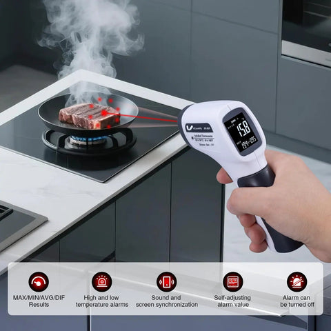 Infrared Temperature Gun For Meat And Auto Use With Adjustable Emissivity And High Low Alarms Digital Thermal Gun With Backlit Ring Laser Measuring Steak Temperature