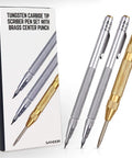 Professional Tungsten Carbide Scriber 2 Pack With Brass Automatic Center Punch For Precision Etching And Engraving kit displaying two scriber pens and brass punch.