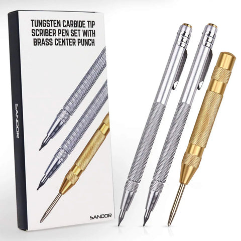 Professional Tungsten Carbide Scriber 2 Pack With Brass Automatic Center Punch For Precision Etching And Engraving kit displaying two scriber pens and brass punch.
