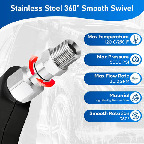 360 Degree Swivel Pressure Washer Fitting Three Eighths NPT Thread For Up To 5000 PSI Keeps Hose From Tangling No Fuss Kink Free Universal Connector For Easy Spraying And Smooth Cleaning stainless steel swivel fitting, 3/8 NPT, 5000 PSI