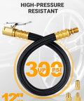 12 Inch Tire Inflator Extension Hose With Clip On Chuck And Presta Valve Adapter highlighted, 300 PSI rating visible.