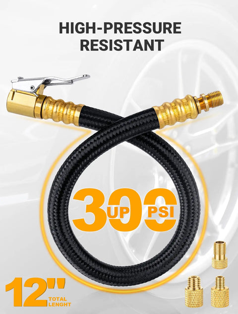 12 Inch Tire Inflator Extension Hose With Clip On Chuck And Presta Valve Adapter highlighted, 300 PSI rating visible.