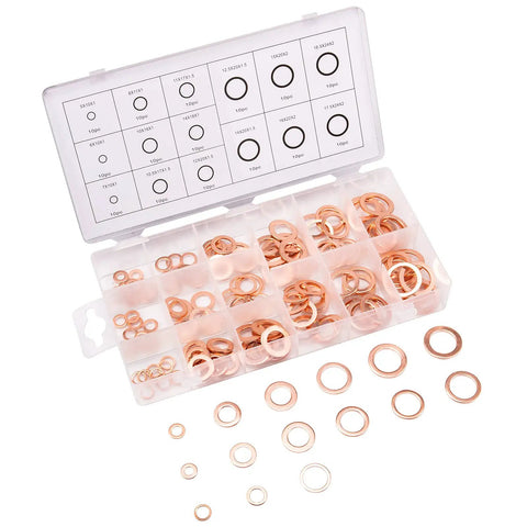 Copper Washer Set With 150 Pieces In 15 Sizes M5 To M17.5, Solid Sump Plug Crush Washers For Oil Drain, Water And Fuel Fittings in case