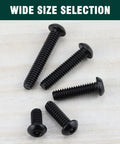 1/4-20 X 3/4 Button Head Torx Security Screws 304 Stainless Steel Black assorted sizes displayed on wood surface.