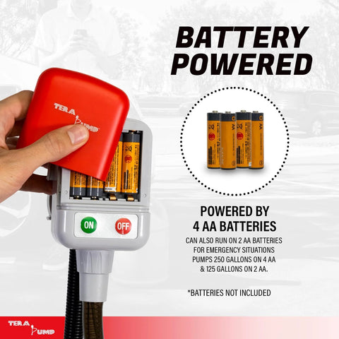 TERA PUMP TRFA01-XL battery-powered fuel transfer pump with red lid; AA batteries visible in the compartment.