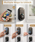 Next Level Wifi Smart Lock With Hd Camera And Video Doorbell Five In One Keyless Deadbolt Featuring Fingerprint Scanner Keypad, showing app control and unlocking options.