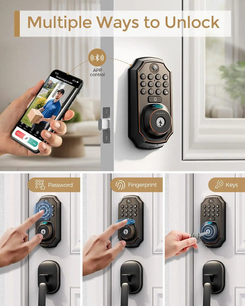 Next Level Wifi Smart Lock With Hd Camera And Video Doorbell Five In One Keyless Deadbolt Featuring Fingerprint Scanner Keypad, showing app control and unlocking options.