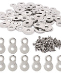 Thirty Pieces Figure Eight Furniture Connectors With Pre Loaded Screws Heavy Duty Iron Hardware For Wood Cabinet And Desk Build Rock Solid Hold No Sweat Easy Peasy Setup Smooth Operator DIY Fix Silver Color displayed with screws.