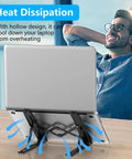 Back view of Game Changing Adjustable Laptop Stand With Ergonomic Elevation For A Comfortable Desk Setup Portable Riser Foldable Ventilated Notebook Holder For 10 To 15.6 Inch Laptops And Tablets ABS And Silicone Construction showcasing heat dissipation feature with man relaxing in background
