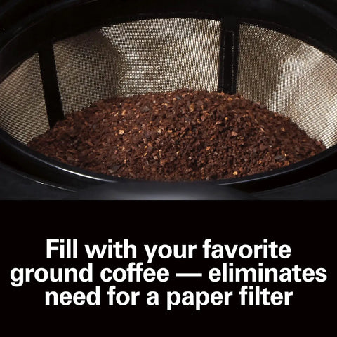 Permanent Gold Coffee Filter For Most 8 To 12 Cup Basket Coffee Makers With Easy Grip Handle filled with ground coffee