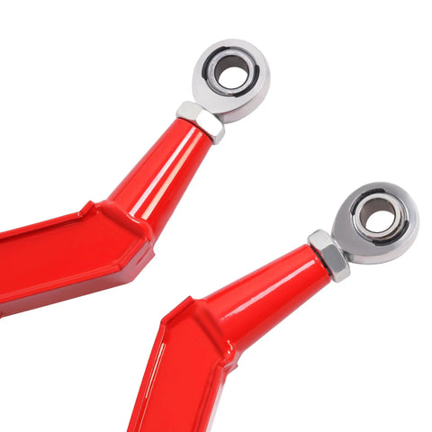Red Rear Radius Arms For Polaris RZR XP 1000 And XP 4 1000 Beefy Heavy Duty Steel With Adjustable Heim Joints, High Clearance, Boxed Design For Maximum Tire Grip, Precise Suspension Geometry And Smoother Off Road Handling. Close-up of red steel rear radius arms with heim joints