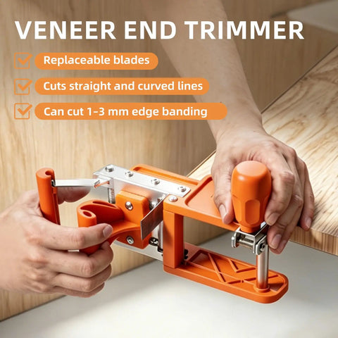 Hand End Trimmer For Edge Banding, 180 Degree Foldable Veneer Cutter, Pro Grade Precision Tool For PVC Melamine And Laminate, Trims 1 To 3mm Edge Banding On Curved Or Straight Surfaces, Ideal For Woodworking, orange on wood panel