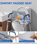 Adjustable Toilet Seat Riser With Plush Pu Foam Pad For Elderly And Seniors Quick Height And Width Dial, showing waterproof padded seat.