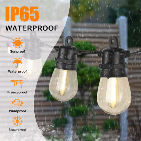 Outdoor LED String Lights 54 Ft Weatherproof IP65 Shatterproof 20 Sockets Patio Lights With 27W UL Listed Wire in rainstorm