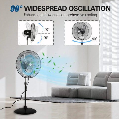 Industrial Grade 18 Inch High Velocity Pedestal Oscillating Fan With Aluminum Blades 3850 CFM in living room setting