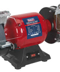 Workhorse 150Mm Bench Grinder Equipped With A Beefy 450W Induction Motor dual grinding wheels and heavy steel wire brush.