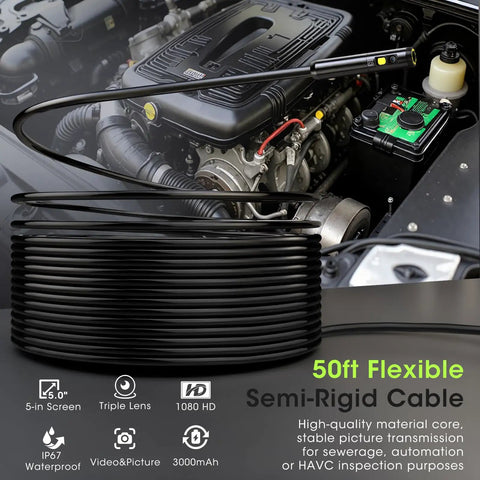 Triple Lens Endoscope For Auto And Home Repairs Engine Drain Inspection HD Waterproof Camera With IP67 Rating Great For Plumbing HVAC And DIY Diagnostics Pro Grade Sewer And Drain Inspection Tool, 50ft cable in engine bay
