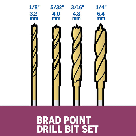 Illustration of Brad Point Drill Bit Set Titanium Coated 4 Pieces For Woodworking Fits All Rotary Tools No Hassle Drilling Centered Holes From 1/8 To 1/4 Inch Includes 1/8 5/32 3/16 And 1/4 Inch Bits 1/8 Inch Shank showing four sizes with measurements.