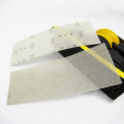 Premium 50 Pack Mesh Sanding Discs 198x70mm Dry Polishing With Hook Loop For Wood Metal Stone 320 Grit Dust Free Anti Clogging Abrasive Pad Set showing mesh discs and sanding tool.