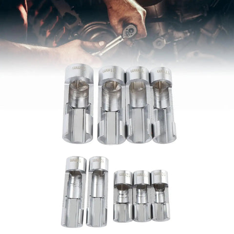 9 Piece Fuel Line Socket Set With Three Eighths And One Half Inch Drive From Ten To Twenty Two Millimeter Sizes CRV Steel Construction