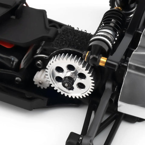 Close-up of 36T aluminum spur gear installed on Losi 1 24 Micro B Micro T 2WD RC car for smooth power transfer and durability.