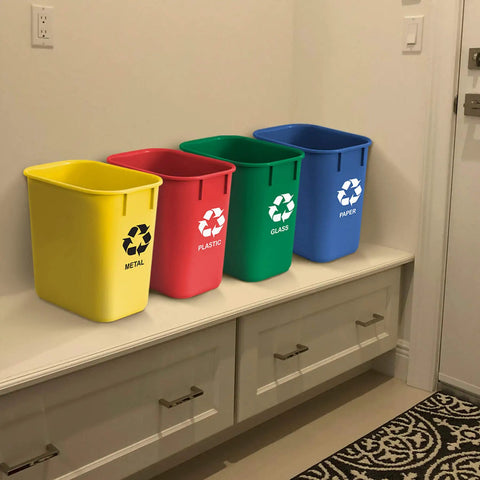 Four Pack Color Coded Recycling Bins Set With 3.25 Gallon Capacity Each In Metal Yellow Paper Blue Glass Green Plastic Red For Office School Or Home Use