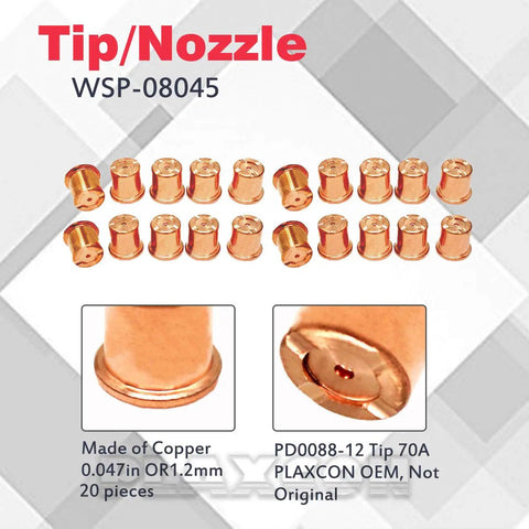 Copper PD0088-12 nozzles for CB70 Plasma Electrode Tip Kit, 70A, 20 pieces, detailed view in packaging.