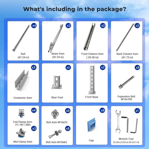 Package components for Expandable Solar Panel Ground Mount Bracket Kit including rails, beams, and bolts for installations.