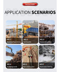Six application scenarios for Backhoe Loader Do-It-All Combo For Farm Use, Compact Tractor Excavator. Images of construction tasks.