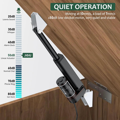 JiGiU 12V black linear actuator with mounting brackets, 100mm stroke, installed on a wooden cabinet door