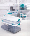 Super Tight Fit 64 Quart Clear Plastic Storage Bins 72 Pack With Snappy Hinged Lids stacked in a tidy arrangement showcasing winter boots and blankets.