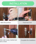 Installation process of 2 Pack Black 90 Degree Stainless Steel Barn Door Latch With End Lock Hook For Privacy And Security shown on wood door.