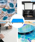 Collage showing Epoxy Resin Leveling Table 16x12 Inch in use with art, crafting, 3D printing, and resin projects, highlighting versatility.