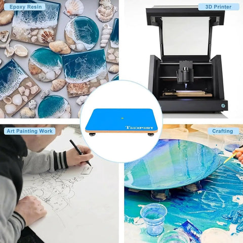 Collage showing Epoxy Resin Leveling Table 16x12 Inch in use with art, crafting, 3D printing, and resin projects, highlighting versatility.