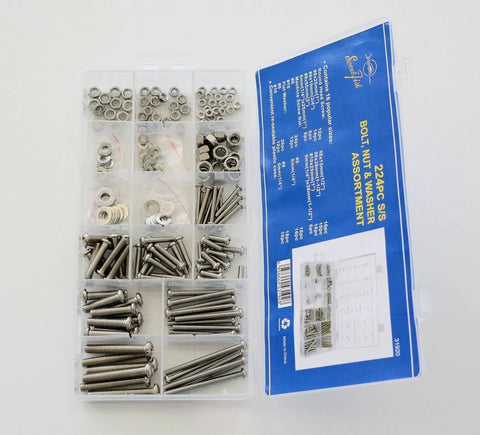 Front view of Swordfish 31920 stainless steel nut, bolt and washer assortment in clear 24-comp organizer (224-pcs)