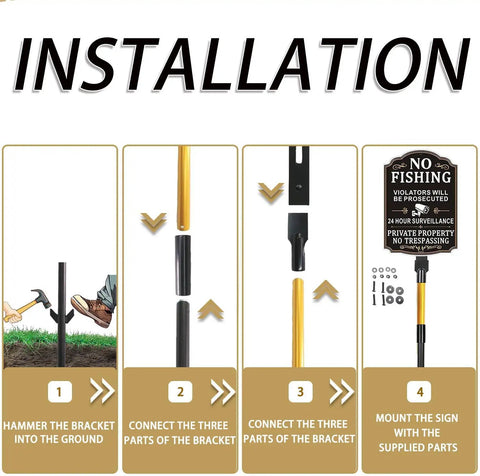 Heavy Duty 48 Inch Yard Stake Set For Outdoor Lawn Signs installation guide with steps to assemble metal sign holders black and gold.