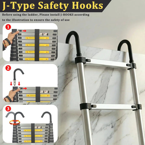 20.3 Ft Aluminum Telescoping Ladder With Stable Hooks, Heavy Duty 330 Lb Capacity, Multi Purpose Foldable Extension Ladder For Home, RV Or Outdoor Work, Lightweight Yet Sturdy, Anti Slip Feet For Safer High Reach. Aluminum telescoping ladder with J-type safety hooks attached