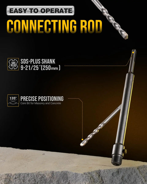 Four And A Half Inch Concrete Hole Saw Kit With Tungsten Carbide Teeth showing SDS Plus bit shank and connecting rod details