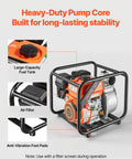 Heavy Duty 7HP Gas Powered Water Pump Pulling 242 GPM Through 3 Inch Intake Featuring A Knockout Cast Iron Impeller Plus 25 Foot Discharge Hose Built Real Tough For Yard Draining showing large fuel tank and anti-vibration pads.