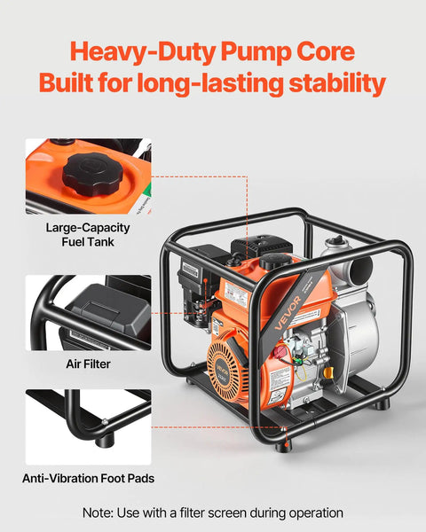 Heavy Duty 7HP Gas Powered Water Pump Pulling 242 GPM Through 3 Inch Intake Featuring A Knockout Cast Iron Impeller Plus 25 Foot Discharge Hose Built Real Tough For Yard Draining showing large fuel tank and anti-vibration pads.