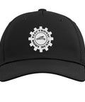 Cool Adjustable EBM Gear Baseball Hat For Industrial Music Fans With Classic Five Panel Design And High Profile Crown In Black One Size Fits Most showing gear logo on front.
