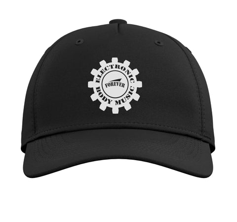 Cool Adjustable EBM Gear Baseball Hat For Industrial Music Fans With Classic Five Panel Design And High Profile Crown In Black One Size Fits Most showing gear logo on front.